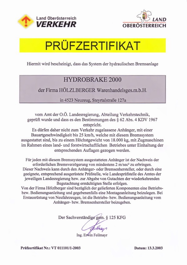 Hydrobrake Prüfzertifikat